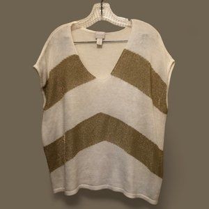 Chico's Women's Size 1 M/8 Cream/Gold Striped V- Neck Dolman Sleeve Muscle Tee